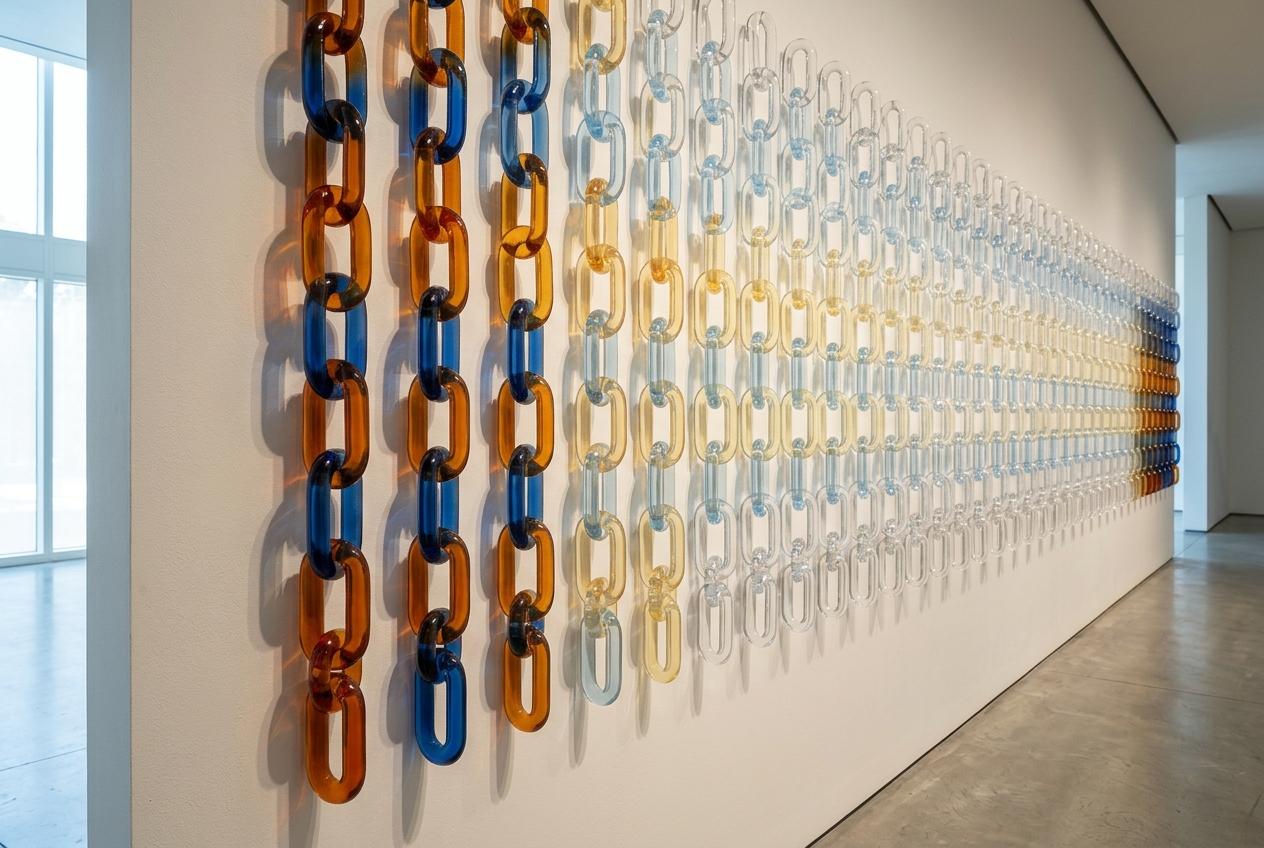 Fresque chaînes — ambre, bleu, transparent