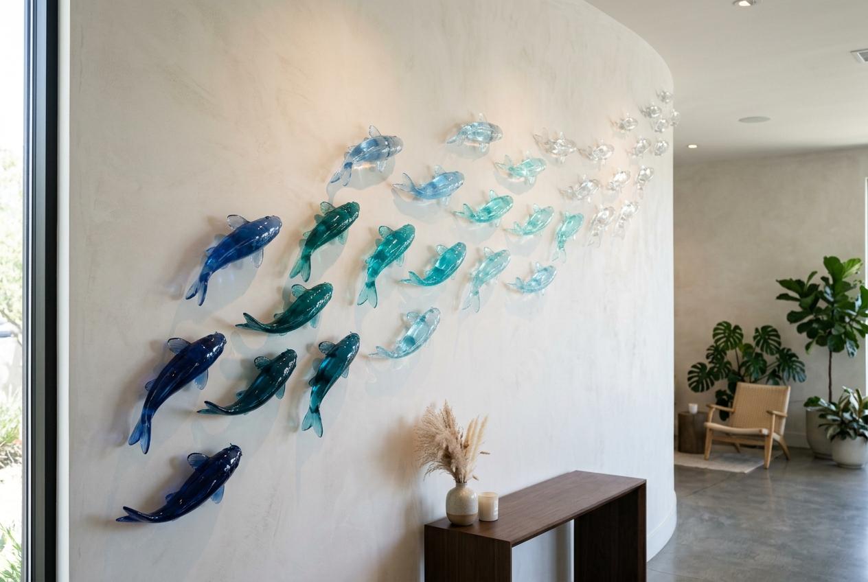 Fresque carpes koï — banc en dégradé