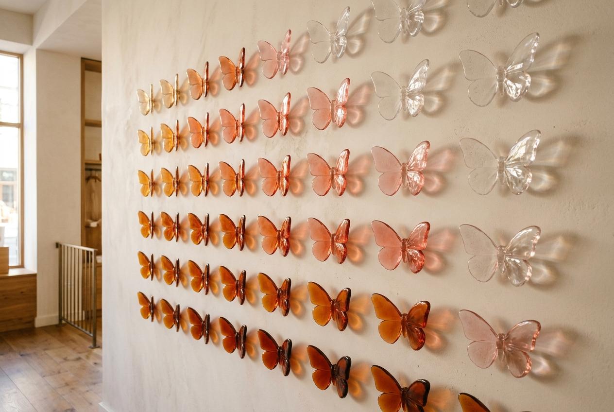 Fresque papillons — ambre vers transparent